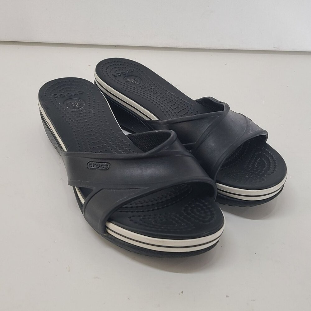 CROCS Black Slide Sandals with White Trim